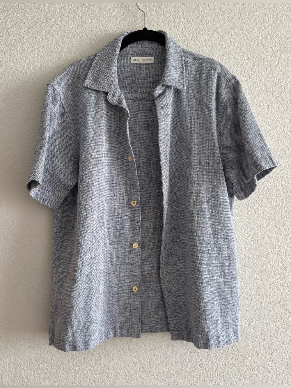 Zara Men’s Textured Knit Polo Shirt Size L Light Blue Short Sleeve Collared